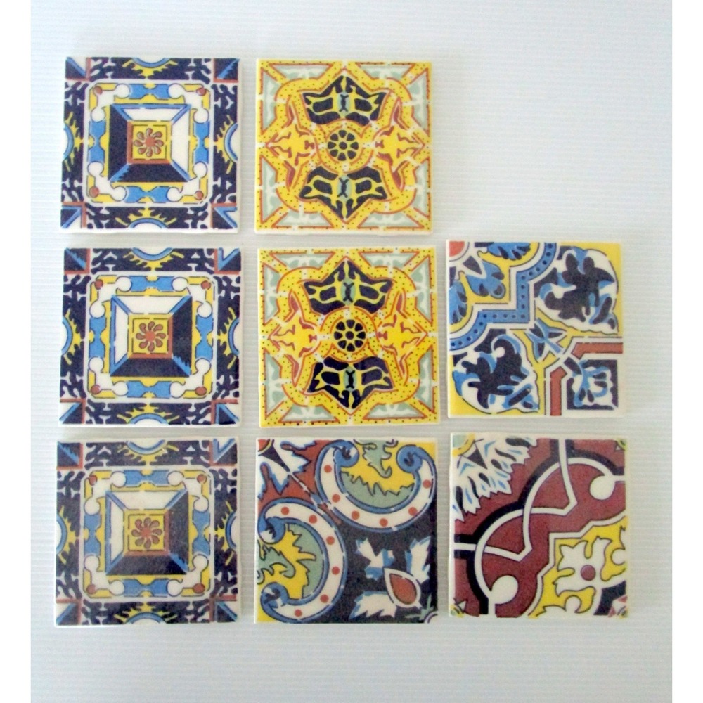 TILES MEXICAN CERAMIC 4 x 4 HANDMADE MOSAIC ART Lot of 8 Assorted Vintage